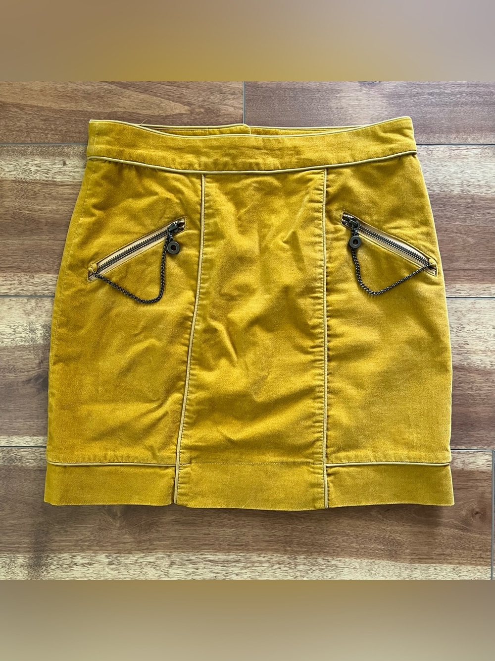 Anthropologie Taikonku Mustard Yellow Mini Skirt with Zip Pocket Chains